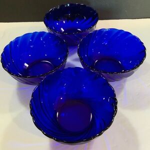Duralex Cobalt Blue Bowls Glass Dessert Cereal Swirl Set of 4 EUC French #23